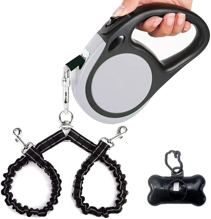 Dual Retractable Dog Leash for 2 Large Dogs (Up to 110 Lbs Each) - Double Headed 18.5 ft Extendable Pet Leash with Poop Bags, Non Slip Grip - One Button Break & Lock, 360 Tangle-Free (Gray, Large)