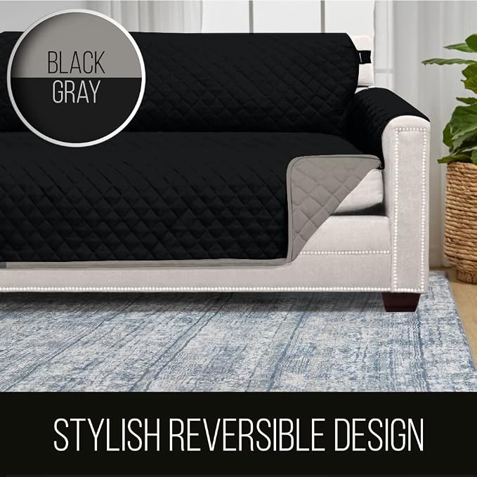 Sofa Shield® Couch Slip Covers for Dogs, Reversible Furniture Protector with Strap, Stain and Tear Resistant Cushion Cover, 62 inch Seat, Machine Washable Slipcover Pets, Cats, Black Gray