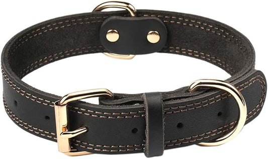 Genuine Leather Dog Collar, Heavy Duty Dog Collar for Small, Medium, Large and Extra Large Dogs (S: 0.8" Wide for 13.4"-15.8" Neck, Dual Stitch - Black)