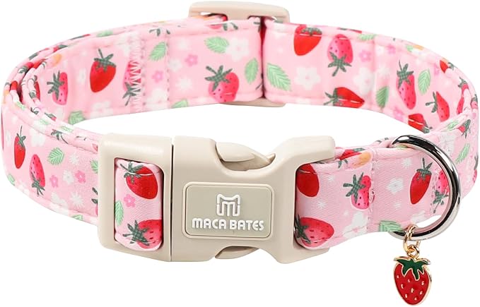 Maca Bates Spring Pink Basic Dog Collar with Cute Strawberry Charm for Large Girl Boy Dogs, Strawberries Pattern,Pretty Gift Adjustable Durable Soft Collars for Male Female Puppy