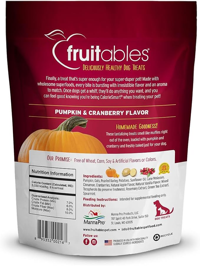 Fruitables Baked Dog Treats, Healthy Pumpkin Snacks for Dogs, Low Calorie & Delicious, No Wheat, Corn or Soy, Puppy Training Treats, Made in the USA, Pumpkin and Cranberry Flavor, 7oz (Pack of 2)