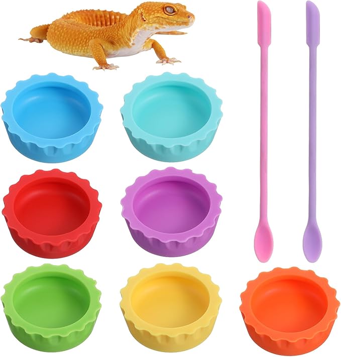 9 Pack Crested Gecko Food Dish & Spoons, Silicone Gecko Feeding Cups Reusable Small Reptile Food and Water Bowl Gecko Tank Accessories for Hermit Crabtortoise Tarantula Lizard, 7 Colors