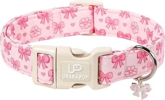 Pink Bow Dog Collar, Summer Cotton Adjustable Pink Bow and Flower Pattern Collar with Cute Pendant, Soft Comfortable Puppy Collar for Small Medium Large Dogs Girls