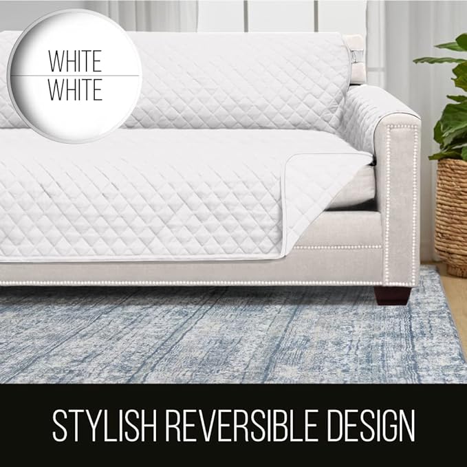Sofa Shield® Couch Slip Covers for Dogs, Reversible Furniture Protector with Strap, Stain and Tear Resistant Cushion Cover, 62 inch Seat, Machine Washable Slipcovers Dog Pets, Cats, White