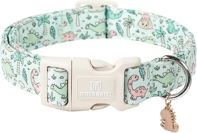 Maca Bates Spring Green Cute Dinosaur Basic Dog Collar for Medium Boy Girl Dogs,Durable Soft Adjustable Collars Gift for Male Female Puppy Pet with Safety White Buckle