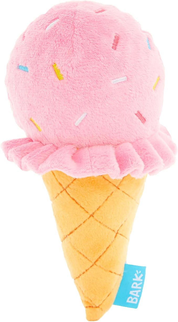 Barkbox Slobbery Ice Cream Cone Dog Toy | Plush Crinkle Toy with Hidden Squeaker Ball Inside | Squeak & Discover Toy for Small to Medium Dogs
