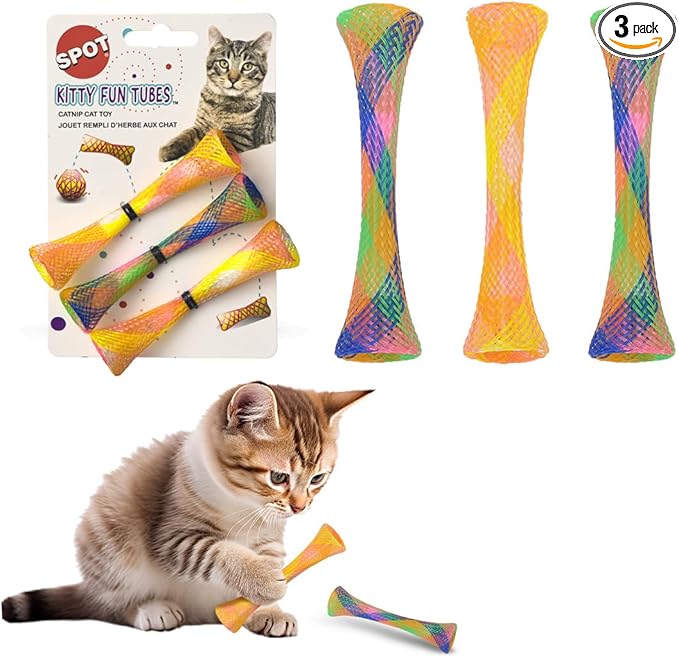 SPOT Kitty Fun Tubes Cat Toy with Catnip Inside | Bouncy Interactive Mesh Toy for Cats and Kittens to Bite, Swat and Chase | 3 Pieces