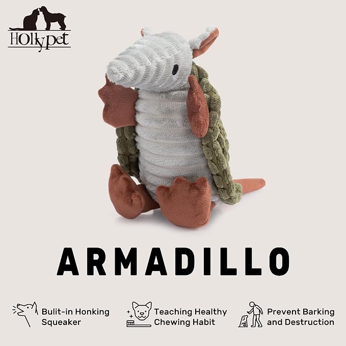 Hollypet Plush Dog Squeaky Toy Stuffed Armadillo Animal Pet Puppy Chew Toys with Clean Teeth for Small Medium Large All Breed Sizes Dogs, Olive Green, 8 in