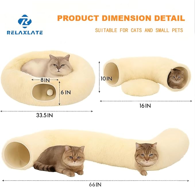RELAXLATE Large Cat Tunnel Bed for Indoor Cats,Cat Bed, Cat Tunnel Christmas Tree Skirt, Cat Donut Tunnel Toys with Warm Soft Plush, for Cats, Kittens, Small Pets (White)