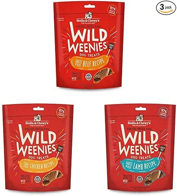 Stella & Chewy's Freeze-Dried Raw Wild Weenies Dog Treats (Bundle of 3, 3.25 oz. Bags) - Beef, Chicken, Lamb