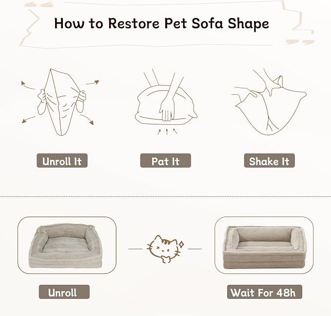 Laojin Balhen Cat Couch for Pets, Washable Cat Beds for Indoor Cats, Super Soft Plush Supportive Dog Couch Bed for Puppy and Kitten with Anti-Slip Bottom, 26inch, Beige