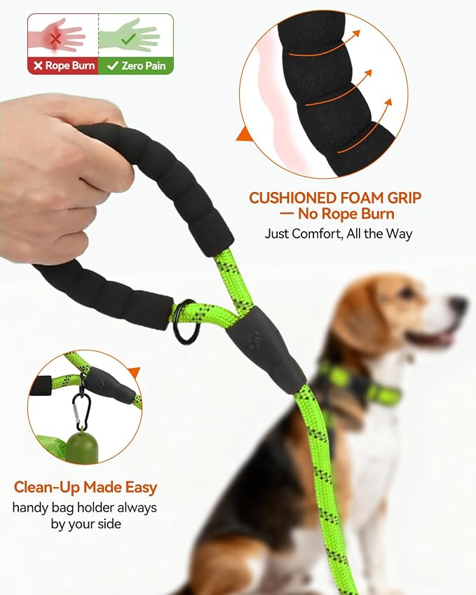 Joytale Dog Leash for Small Dogs, Heavy Duty Nylon Leashes with Comfortable Padded Handle and Highly Reflective Threads, Ideal for Walking and Training, Green, 5'×3/8''