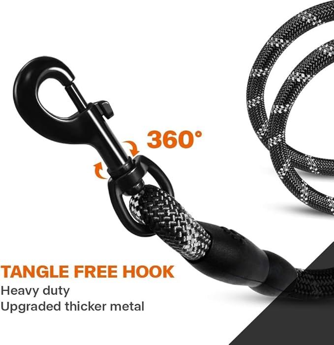 Taglory Rope Dog Leash 6 FT with Comfortable Padded Handle, Highly Reflective Threads Leash and Anti-Tangle Clip for Walking Small Dogs, 3/8 inch, Black
