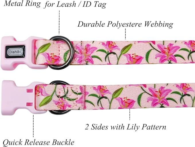Dog Collar Leash Set, Floral Pattern, Polyester Material, Adjustable Collar and 5ft Matchcing Leash, for Puppy Dogs.(XS, Pink Lily)