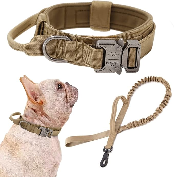 Tactical Dog Collar and Leash Set Adjustable Military Nylon Dog Collar with Control Handle and Heavy Duty Metal Buckle for Large Dogs （Brown S