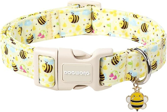 DOGWONG Spring Summer Dog Collar- Bee Flower Dog Collar, Adjustable Soft Girl Boy Dog Collar for Small Medium Dogs, S