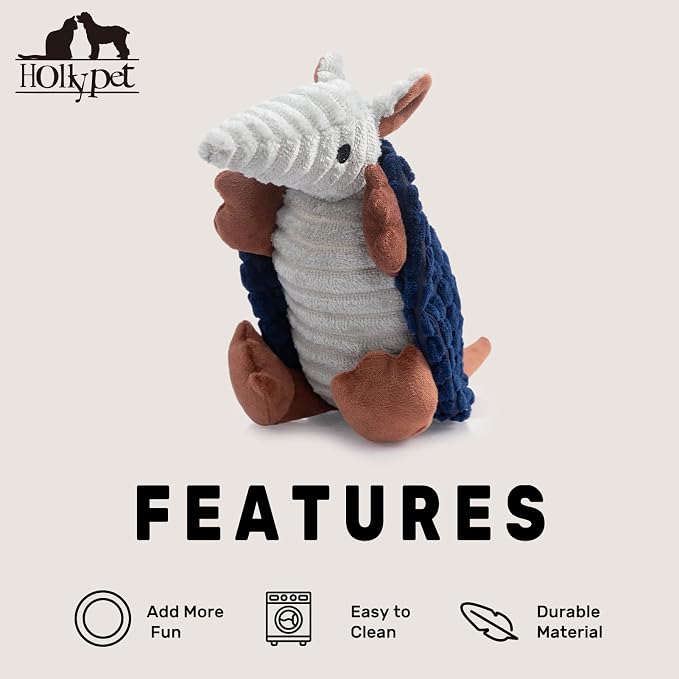 Hollypet Plush Dog Squeaky Toy Stuffed Armadillo Animal Pet Puppy Chew Toys with Clean Teeth for Small Medium Large All Breed Sizes Dogs, Ultramarine, 8 in
