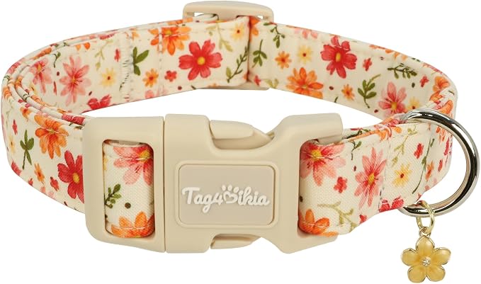 Dog Collars for Medium Dogs, Summer Dog Collar with Pink Floral Patterns with Quick Release Buckle Soft Adjustable Collars Girl Dog Collar for Medium Large Dogs-M