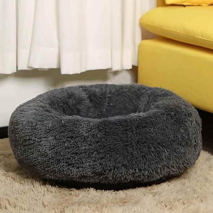 Faux Fur Dog Bed Cat Bed,Shag Round Anti-Anxiety Pet Calming Bed Doughnut Cuddler for Medium Large Puppy Dog Cat Kennel Cushion Self Warming Bed (28'' D x 8'' H, Dark Grey)