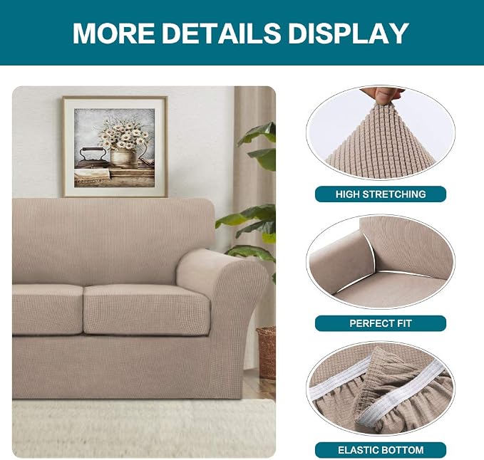 Turquoize 3 Piece Sofa Covers for 2 Cushion Couch Sofa Slipcover Soft Couch Cover for Dogs-Washable Sofa Furniture Covers with 2 Individual Cushion Covers, Thick Jacquard Fabric (Loveseat, Sand)
