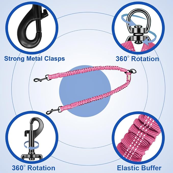 MingXpets Double Dog Leash, Dual Dog Leash, 360° Swivel Tangle Free Bungee Walking Training for Large Medium Dogs, Shock Absorbing Bungee Reflective for Two Dogs, 18~120 lbs, Pink