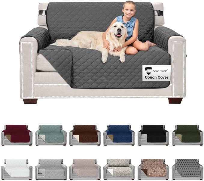 Sofa Shield® Couch Loveseat Covers for Dogs, Reversible Furniture Protector with Strap, Stain and Tear Resistant Cushion Cover, 54 inch Seat, Machine Washable Slipcover Pets, Cats, Charcoal
