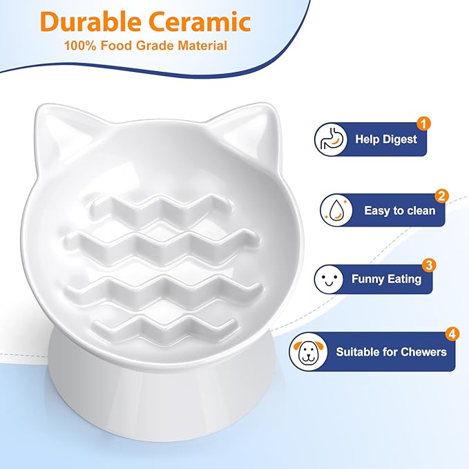 Ceramic Slow Feeder Cat Bowl, 2 Cups Tilted Elevated Cat Slow Feeder Bowl for Dry and Wet Food, Honeycomb Design for Preventing Vomiting & Bloating (White-Cute Kitten)