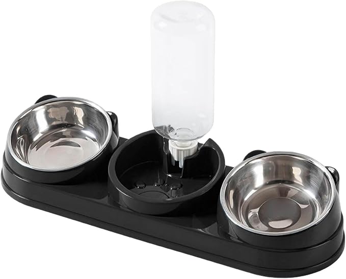 3 in 1 Cat Bowls Pet Feeder with Water Dispenser, 15° Raised Cat Dish Food and Water Bowls Set for Wet/Dry Food, Triple Pet Feeding Station for Rabbit Kitten Bunny (Black)