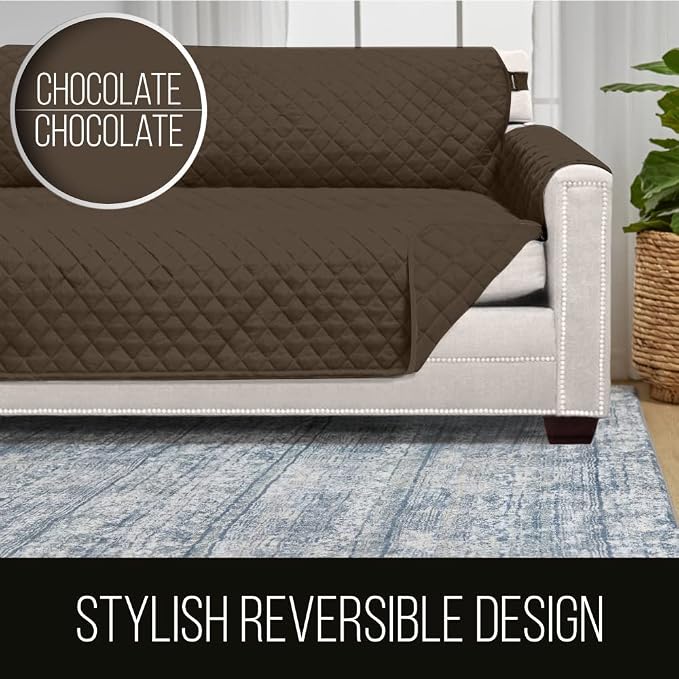 Sofa Shield® Couch Loveseat Covers for Dogs, Reversible Furniture Protector with Strap, Stain and Tear Resistant Cushion Cover, 54 inch Seat, Machine Washable Slipcover Pets, Cats, Chocolate