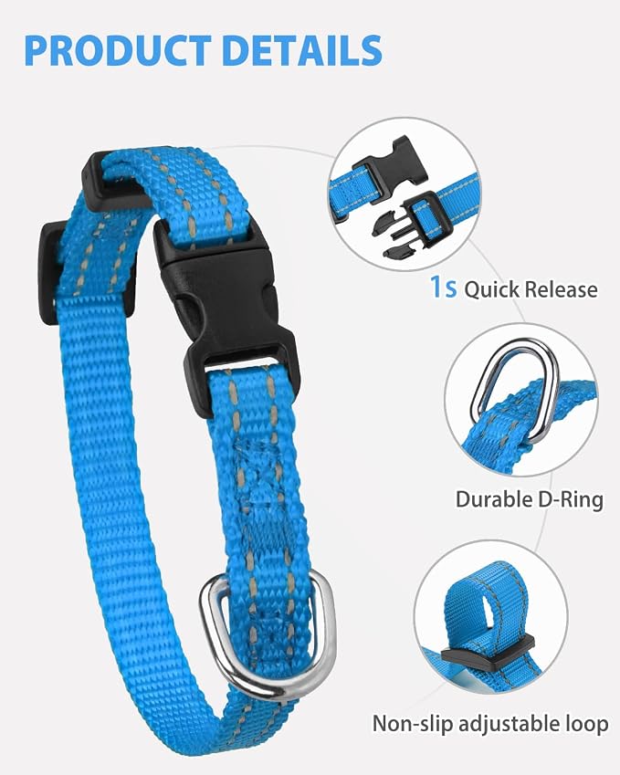 Joytale Puppy Collar, Feather-Light Double-Sided Reflective Nylon Collar for Night Safety, Adjustable Quick-Release for Extra Small Dogs, Sky Blue, XS (3/8" Width)