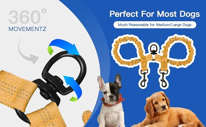 MingXpets Double Dog Leash, Dual Dog Leash, 360° Swivel Tangle Free Bungee Walking Training for Large Medium Dogs, Shock Absorbing Bungee Reflective for Two Dogs, 18~120 lbs, Yellow