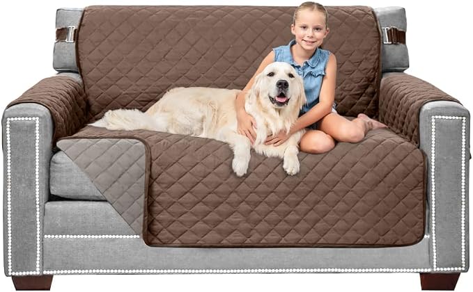 Sofa Shield® Couch Loveseat Covers for Dogs, Reversible Furniture Protector with Strap, Stain and Tear Resistant Cushion Cover, 54 inch Seat, Machine Washable Slipcover Pets, Cats, Latte Linen