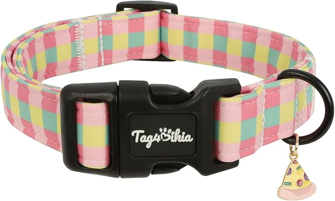 Dog Collar with Colorful Check Pattern, Spring Summer Collection Dog Collar with Exquisite Pendant, Durable Adjustable Collars for Gifts & Daily Use-S