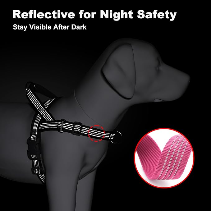 No Pull Dog Harness with Handle, Adjustable Soft Mesh Padded Reflective Walking Harness with Front Clip for Small Medium Large Dogs – Quick Fit No Escape for Training and Hiking (Pink, XL)