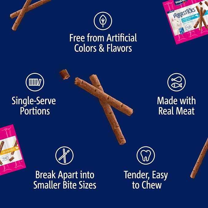 Vitakraft PurrSticks Chicken Recipe with Salmon Cat Treats – Over 70% Real Meat - Chicken, Liver & Salmon - Segmented for Portion Control, Premium - Indoor Treats - Snacking, Travel, Vet & Visits.