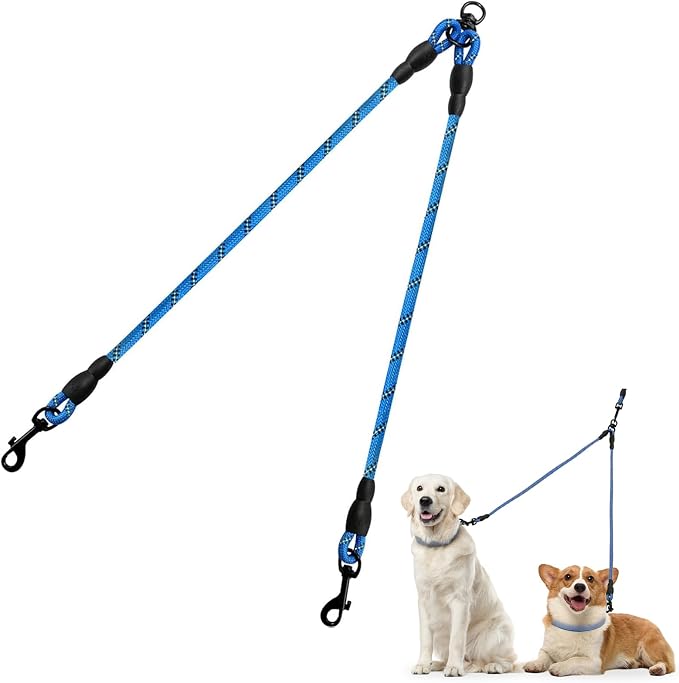 Taglory Double Dog Leash Coupler for Two Dogs, 1/3" Lightweight Dual Leash Extension for Small and Medium Dogs, No Tangle 360° Swivel, Reflective Rope, 30 Inch, Blue