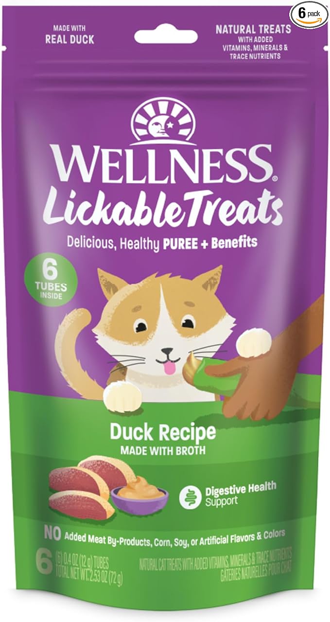 Wellness Lickable Soft Puree Cat Treats, All Lifestages, Kitten to Senior, Natural, Grain Free, Duck Flavor, 0.4 oz, Pack of 6 Tubes