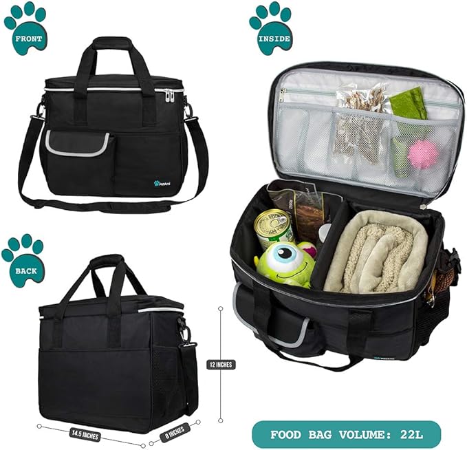 PetAmi Dog Travel Bag Organizer, Pet Travel Kit with 2 Food Containers & 2 Collapsible Dog Bowls, Pet Supplies Tote with Luggage Sleeve, Weekend Road Trip Camping Essentials, Black, Medium