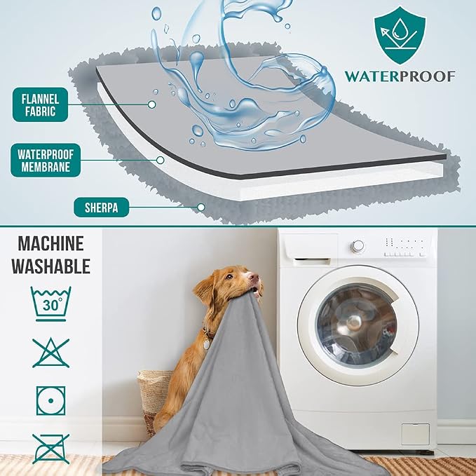 PetAmi Premium Waterproof Dog Blanket for Large Dogs, Reversible Sherpa & Flannel Fleece, Leakproof Pet Throw for Couch Protection, Soft Plush Furniture Protector for Cats, Washable, 60x80 Light Grey