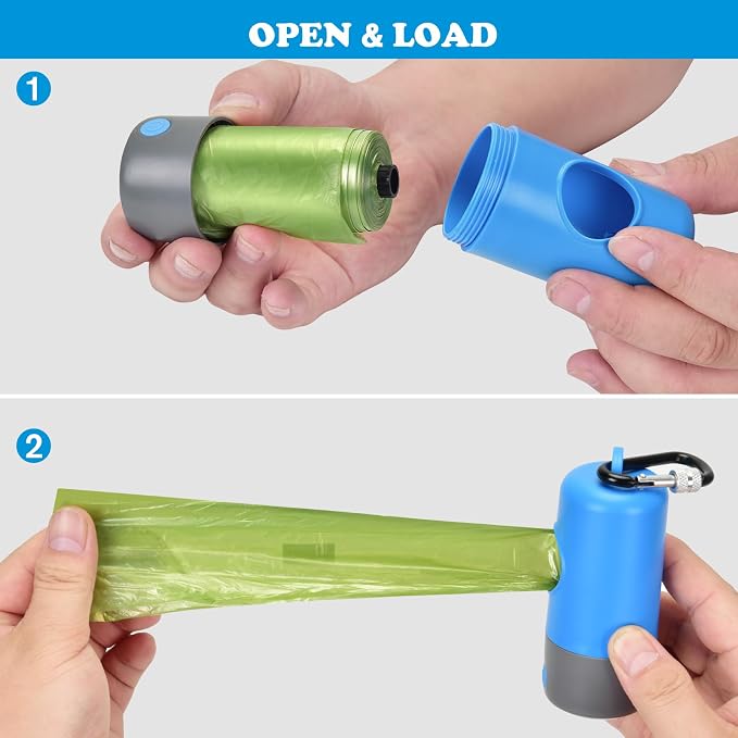 NOVKIN Rechargeable Dog Poop Bag Dispenser with LED Flashlight - Pet Waste Bag Holder for Leash with Carabiner Clip - Night Dog Walking Accessories & Safety Light, Includes 15 Extra Thick Waste Bags