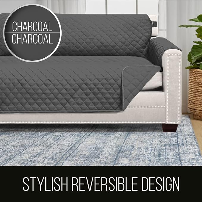 Sofa Shield® Couch Loveseat Covers for Dogs, Reversible Furniture Protector with Strap, Stain and Tear Resistant Cushion Cover, 54 inch Seat, Machine Washable Slipcover Pets, Cats, Charcoal