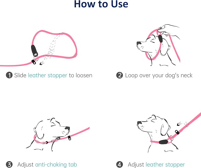 WePet Dog Training Slip Leash, No Pull, Durable Reflective Lead, Puppy Heavy Duty Loop Rope, Comfortable Handle, 6 ft, 1/2 inch, diam. Pink/White