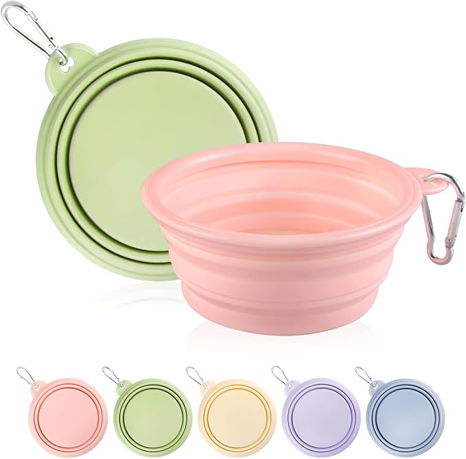 Collapsible Dog Bowls 2-Pack, Portable Travel Dog Bowl with Carabiner, Food-Grade Silicone Pet Bowl for Hiking, Walking (Macaron Pink and Green)