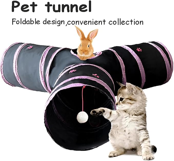 3-Way Collapsible Cat Tunnel Tube Toy Black with Pink Paws — Interactive Play Tunnel with Hanging Ball & Peek Hole for Indoor Cats, Kittens, Puppies & Rabbits | Hours of Fun & Exercise