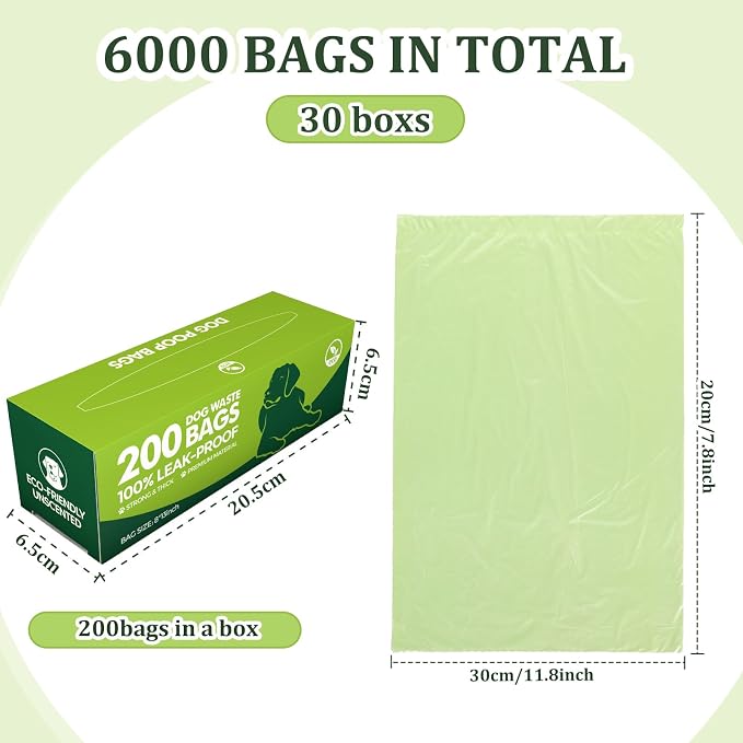 Harloon 6000 Counts Dog Poop Waste Bags Bulk, 30 Rolls Pet Waste Bags, Extra Thick Strong Leak Proof, for Walking, Travel, Park, Puppy Cleanup,Universal Doggy Rolls Waste-Box(Green,12 x 8 Inches)