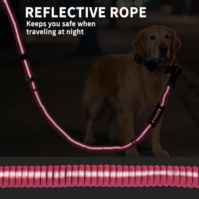 Heavy Duty Tactical Dog Leash, 4-6FT Shock Absorbing Bungee Lead with 2 Padded Handles, Metal Carabiner & Seatbelt Clip, Reflective No-Pull Leash for Medium/Large Dogs (Pink)
