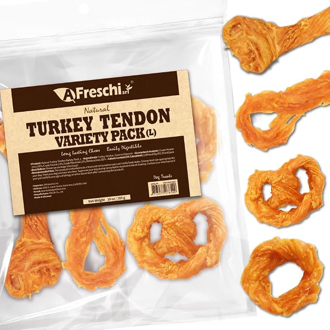 A Freschi srl Turkey Tendons for Dogs, USA-Sourced, Healthy Dog Treats, Rawhide-Free Puppy Chews, Long Lasting, All Natural, Hypoallergenic Dog Treats for Large Breeds, 10 oz Pack Variety (L)