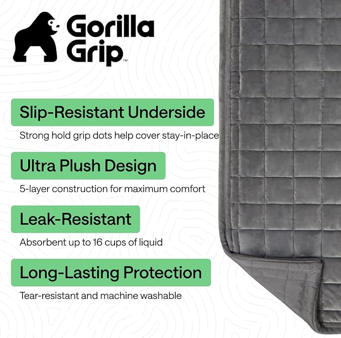 GORILLA GRIP Slip and Leak Resistant Plush Quilted Recliner Cushion Cover Blanket, Soft Couch Covers for Sofa Dogs, Machine Washable Furniture Protector Pet Friendly Couches, Gray, 28x28 Inches