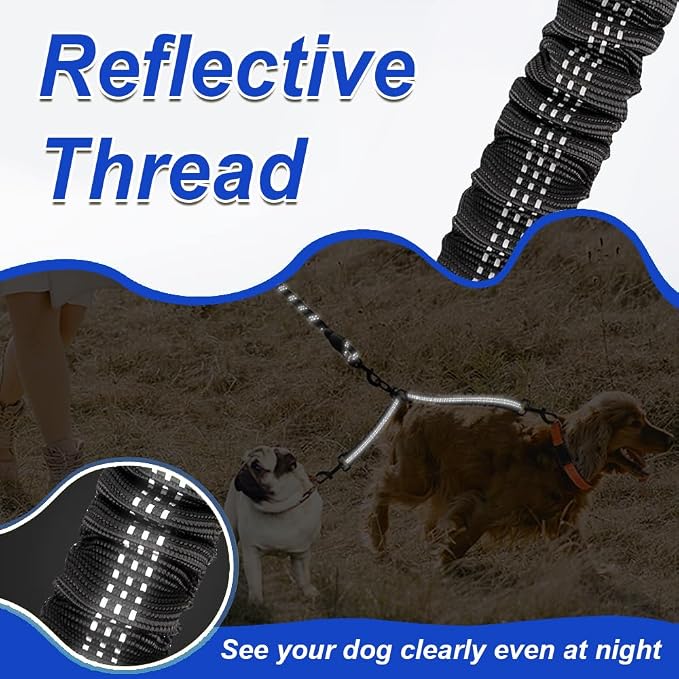 MingXpets Double Dog Leash, Dual Dog Leash, 360° Swivel Tangle Free Bungee Walking Training for Large Medium Dogs, Shock Absorbing Bungee Reflective for Two Dogs, 18~120 lbs, Black
