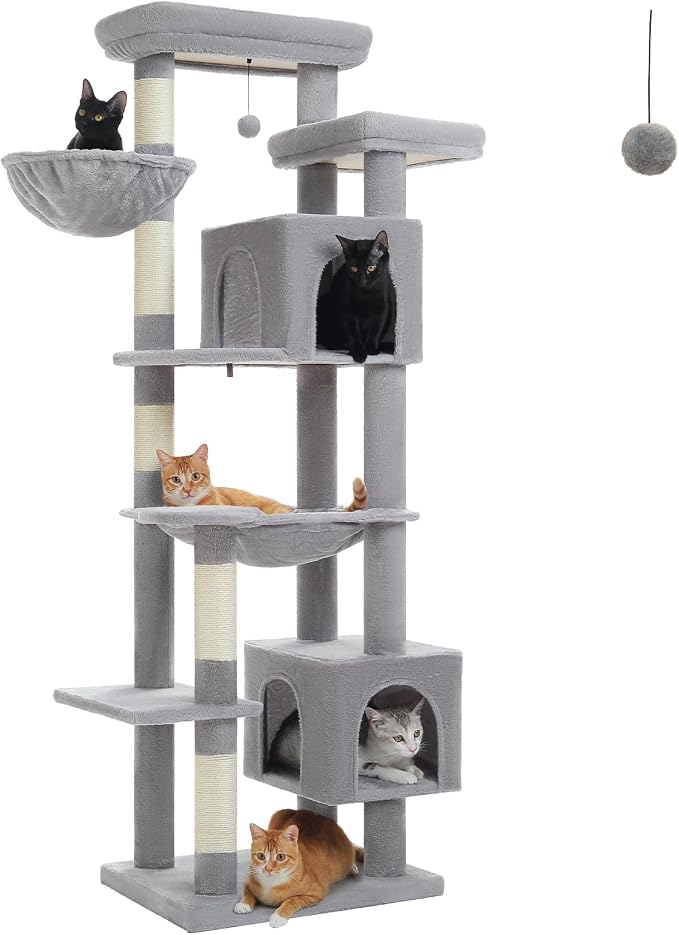 69” Tall Cat Tree for Indoor Cats Large Adult, Multi-Level Cat Tower with Scratching Post, Dual Top Perches, Big Hammock & 2 Spacious Condos, Cat Furniture for Multi-Cat Households, Grey